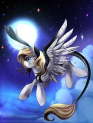 Size: 800x1051 | Tagged: safe, artist:thenornonthego, oc, oc only, oc:oculus, pegasus, pony, body markings, cloud, commission, female, flying, full moon, leonine tail, mare, moon, night, night sky, smiling, solo, stars, ych result