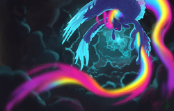 Size: 2500x1600 | Tagged: safe, artist:joan-grace, rainbow dash, pony, g4, cloud, color porn, female, flying, rainbow trail, solo, storm, tail feathers