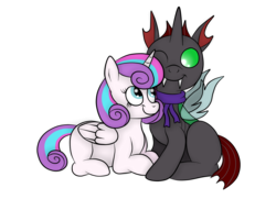 Size: 1936x1400 | Tagged: safe, artist:squipycheetah, kevin, princess flurry heart, oc, oc:kevin heartstrings, alicorn, changeling, pony, g4, blank flank, canon x oc, clothes, colt, cute, cuteling, duo, female, filly, flurrybetes, folded wings, friendshipping, green changeling, holeless, looking down, looking up, male, mare, older, older flurry heart, one eye closed, prone, scarf, shipping, simple background, sitting, straight, transparent background, transparent wings, vector