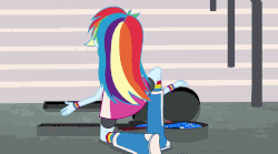 Size: 1379x767 | Tagged: safe, screencap, rainbow dash, equestria girls, g4, my little pony equestria girls: friendship games, animated, boots, bracelet, clothes, cute, dashabetes, electric guitar, female, gif, guitar, jewelry, musical instrument, rear view, socks, solo, wristband
