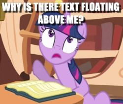 Size: 401x339 | Tagged: safe, twilight sparkle, pony, unicorn, g4, book, bookshelf, female, fourth wall, image macro, looking at something, looking up, meme, meta, open mouth, question, sitting, solo