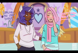 Size: 1004x684 | Tagged: safe, artist:alvrexadpot, fluttershy, rarity, human, g4, adventure in the comments, blushing, clothes, dark skin, dialogue, eyes closed, hijab, horn, horned humanization, humanized, islam, islamashy, jewelry, lidded eyes, makeup, necklace, open mouth, scarf, smiling, winged humanization, wings