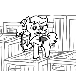Size: 640x600 | Tagged: safe, artist:ficficponyfic, oc, oc only, oc:ruby rouge, pony, colt quest, belt, box, child, clothes, crate, crates, crowbar, cute, cyoa, female, filly, foal, happy, knife, monochrome, shirt, smiling, solo, story included