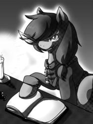 Size: 2100x2800 | Tagged: safe, artist:animaloftheelements, oc, oc only, pony, book, candle, clothes, commission, feather, fire, grayscale, hair over one eye, high res, monochrome, mouth hold, solo, table