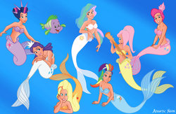 Size: 1109x721 | Tagged: safe, artist:aquaticneon, applejack, fluttershy, pinkie pie, princess celestia, rainbow dash, rarity, spike, twilight sparkle, fish, mermaid, g4, adella, alana, andrina, aquata, ariel, arista (the little mermaid), attina, fishified, flounder (the little mermaid), mane six, mermaidized, species swap, the little mermaid