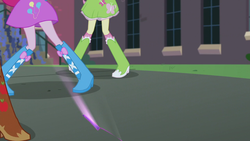 Size: 1280x720 | Tagged: safe, screencap, applejack, fluttershy, pinkie pie, equestria girls, g4, my little pony equestria girls: friendship games, balloon, boots, boots shot, canterlot high, clothes, cowboy boots, high heel boots, legs, pictures of legs, skirt, socks