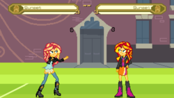 Size: 640x360 | Tagged: safe, artist:toonalexsora007, sunset shimmer, equestria girls, g4, my little pony equestria girls: friendship games, boots, canterlot high, clothes, duality, high heel boots, jacket, leather jacket, mugen, ratchet and clank, self paradox, skirt, soccer field
