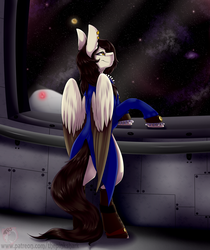 Size: 1280x1526 | Tagged: safe, artist:pinktabico, oc, oc only, pegasus, pony, bipedal, bipedal leaning, clothes, commission, leaning, solo, space, spaceship, stars, upright position