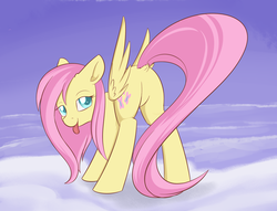 Size: 1841x1410 | Tagged: safe, artist:dusthiel, fluttershy, pegasus, pony, g4, adorasexy, bedroom eyes, butt, cloud, cute, dock, featureless crotch, female, flutterbutt, looking at you, mare, plot, presenting, sexy, shyabetes, solo, tail, tongue out