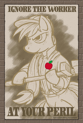 Size: 800x1189 | Tagged: safe, artist:texasuberalles, applejack, earth pony, pony, semi-anthro, g4, brick wall, female, poster, sepia, solo, wrench