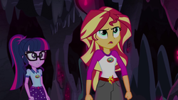 Size: 1280x720 | Tagged: safe, screencap, sci-twi, sunset shimmer, twilight sparkle, equestria girls, g4, my little pony equestria girls: legend of everfree, cave, clothes, open mouth, shorts