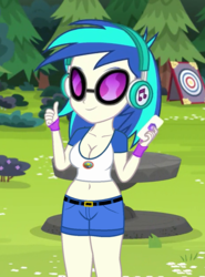 Size: 460x620 | Tagged: safe, edit, edited screencap, editor:ah96, screencap, dj pon-3, vinyl scratch, equestria girls, g4, my little pony equestria girls: legend of everfree, belly button, breast edit, breasts, busty vinyl scratch, cleavage, clothes, cropped, female, midriff, short shirt, solo
