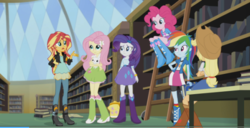 Size: 532x272 | Tagged: safe, angel bunny, applejack, fluttershy, pinkie pie, rainbow dash, rarity, sunset shimmer, equestria girls, g4, my little pony equestria girls: friendship games, backpack, book, boots, bracelet, canterlot high, clothes, compression shorts, cowboy boots, cowboy hat, denim skirt, hat, high heel boots, jacket, jewelry, leather jacket, library, skirt, socks, stetson
