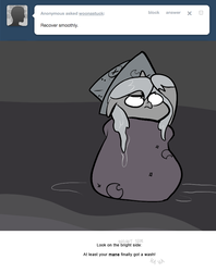 Size: 666x839 | Tagged: safe, artist:egophiliac, princess luna, pony, moonstuck, g4, ask, baby blanket, cartographer's cap, female, filly, grayscale, hat, monochrome, solo, tumblr, wet, wet mane, woona, woonoggles, younger