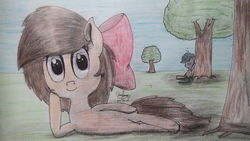 Size: 4864x2736 | Tagged: safe, artist:php142, oc, oc only, oc:aggie, oc:purple flix, pony, pony town, bow, high res, looking at you, lying, on side, pose, resting, shading, shading practice, signature, sleeping, traditional art, tree, under the tree