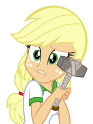 Size: 2448x3264 | Tagged: safe, artist:floralisole, applejack, equestria girls, g4, my little pony equestria girls: legend of everfree, blonde, clothes, female, hammer, hatless, high res, missing accessory, scared, simple background, solo, transparent background, vector