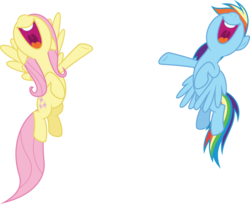Size: 7836x6400 | Tagged: safe, artist:parclytaxel, fluttershy, rainbow dash, pegasus, pony, flutter brutter, g4, .svg available, absurd resolution, can i do it on my own, duo, female, floppy ears, flying, mare, nose in the air, open mouth, simple background, singing, smiling, spread wings, transparent background, uvula, vector
