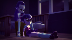 Size: 1920x1080 | Tagged: safe, artist:razethebeast, rarity, sci-twi, twilight sparkle, equestria girls, g4, 3d, bed, bedroom, boots, bowtie, braiding, camp everfree outfits, clothes, doll, female, glasses, jewelry, mary janes, night, ponytail, shoes, sitting, skirt, skirt lift, smiling, socks, source filmmaker, toy, window