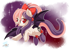 Size: 2300x1550 | Tagged: safe, artist:iheartjapan789, oc, oc only, oc:sweet velvet, bat pony, pony, bow, clothes, fangs, female, flying, gift art, hair bow, looking at you, mare, smiling, solo, stockings, thigh highs