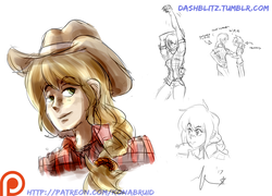 Size: 1180x850 | Tagged: safe, artist:manic-the-lad, applejack, rainbow dash, human, g4, a dash of everything, cowboy hat, flirting, hat, humanized, oblivious, one-sided, patreon, patreon logo, rainbow blitz, rule 63, sketch, sketch dump, straw in mouth