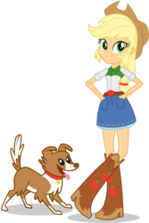 Size: 1030x1546 | Tagged: safe, applejack, winona, dog, equestria girls, g4, official, belt, boots, clothes, cowboy boots, cowboy hat, cowgirl, crossed legs, cute, denim skirt, duo, freckles, hand in pocket, hat, jackabetes, looking at you, raised leg, simple background, skirt, smiling, stetson, transparent background