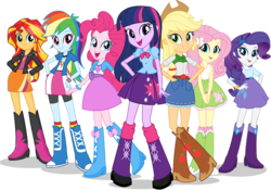 Size: 722x504 | Tagged: safe, artist:gouhlsrule, applejack, fluttershy, pinkie pie, rainbow dash, rarity, sunset shimmer, twilight sparkle, equestria girls, g4, official, boots, bowtie, bracelet, clothes, compression shorts, cowboy boots, cowboy hat, cute, denim skirt, error, hand on hip, hat, high heel boots, jacket, jewelry, leather, leather boots, leather jacket, leg warmers, looking at you, raised leg, shoes, skirt, socks, stetson, wristband