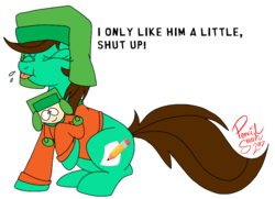 Size: 850x616 | Tagged: safe, artist:hufflepuffrave, oc, oc only, oc:pencil sketch, earth pony, pony, blatant lies, clothes, cosplay, costume, crossover, doll, female, hat, jacket, kyle broflovski, male, mare, simple background, solo, south park, tongue out, toy, transparent background, ushanka