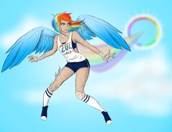Size: 1023x783 | Tagged: safe, artist:gothangel0729, rainbow dash, human, g4, clothes, cloud, converse, female, flying, humanized, shoes, sky, solo, winged humanization, wings