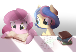 Size: 3000x2045 | Tagged: safe, artist:marukouhai, oc, oc only, oc:dizzy head, oc:honeydew feather, earth pony, pegasus, pony, book, crepuscular rays, cute, female, filly, gradient background, high res, mare, offspring, paper, parent:flash sentry, parent:pinkie pie, parent:pokey pierce, parent:twilight sparkle, parents:flashlight, parents:pokeypie, quill, smiling