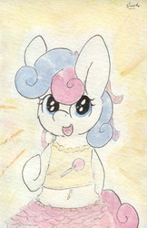 Size: 679x1049 | Tagged: safe, artist:slightlyshade, bon bon, sweetie drops, earth pony, pony, g4, adorabon, belly button, candy, clothes, cute, female, food, lollipop, midriff, skirt, smiling, solo, tank top