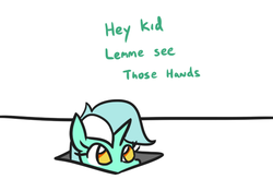 Size: 551x386 | Tagged: safe, artist:jargon scott, derpibooru exclusive, lyra heartstrings, pony, unicorn, g4, dialogue, female, hand, hiding, hole, no pupils, solo, that pony sure does love hands