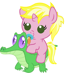 Size: 886x967 | Tagged: safe, artist:red4567, gummy, sunshine smiles, pony, g4, baby, baby pony, cute, pacifier, ponies riding gators, riding, sunshine smiles riding gummy
