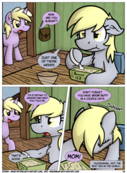 Size: 1400x1900 | Tagged: safe, artist:moemneop, derpy hooves, dinky hooves, pony, comic:shifting changelings lies and truths, g4, comic, eating, facedesk, food, ice cream, mother and daughter, table