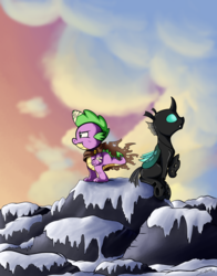 Size: 2267x2887 | Tagged: safe, artist:silverhopexiii, spike, thorax, changeling, dragon, pony, g4, clothes, high res, sitting, snow