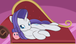 Size: 1896x1104 | Tagged: safe, artist:dusthiel, rarity, pony, puffball, unicorn, g4, colored pupils, fainting couch, female, kirby, kirby (series), kirby rarity, prone, smiling, solo