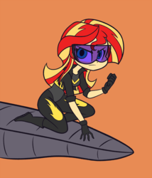 Size: 1285x1500 | Tagged: safe, artist:khuzang, sunset shimmer, equestria girls, g4, alternate universe, clothes, equestrian city, fanfic, fanfic art, female, gloves, looking at you, serious, serious face, simple background, solo, superhero, visor