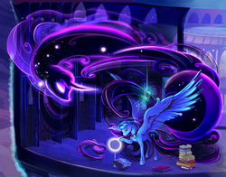 Size: 2100x1650 | Tagged: safe, artist:viwrastupr, princess luna, tantabus, alicorn, pony, g4, book, color porn, crown, crystal ball, duo, glowing horn, horn, jewelry, large wings, lidded eyes, magic, raised hoof, regalia, scenery, spread wings, wings