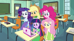 Size: 1920x1080 | Tagged: safe, screencap, applejack, fluttershy, pinkie pie, rarity, twilight sparkle, equestria girls, g4, my little pony equestria girls, book, bracelet, chair, chalkboard, classroom, clothes, computer, cowboy hat, denim skirt, door, female, hat, incomplete twilight strong, jewelry, laptop computer, pinkie pie laptop, skirt, stetson, table, tank top