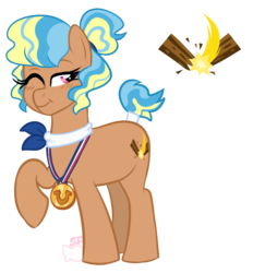 Size: 1257x1353 | Tagged: safe, artist:sugahfox, oc, oc only, oc:brawny heart, pony, female, mare, medal, one eye closed, raised hoof, simple background, solo, tail wrap, transparent background, wink