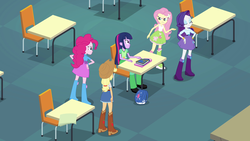 Size: 1920x1080 | Tagged: safe, screencap, applejack, fluttershy, pinkie pie, rarity, twilight sparkle, equestria girls, g4, my little pony equestria girls, backpack, book, boots, chair, classroom, clothes, cowboy boots, cowboy hat, denim skirt, female, hat, high heel boots, incomplete twilight strong, jewelry, leg warmers, skirt, socks, stetson, table, tank top
