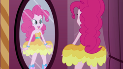 Size: 1920x1080 | Tagged: safe, screencap, pinkie pie, equestria girls, g4, my little pony equestria girls, bare shoulders, boots, bracelet, clothes, dress, fall formal outfits, female, high heel boots, jewelry, mirror, open mouth, sleeveless, smiling, solo, strapless, this is our big night