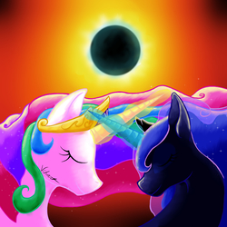 Size: 1300x1300 | Tagged: safe, artist:vchart920, princess celestia, princess luna, alicorn, pony, g4, cooperation, crossed horns, duo, eclipse, eyes closed, horn, horns are touching, jewelry, magic, regalia, royal sisters, sisters, smiling, solar eclipse