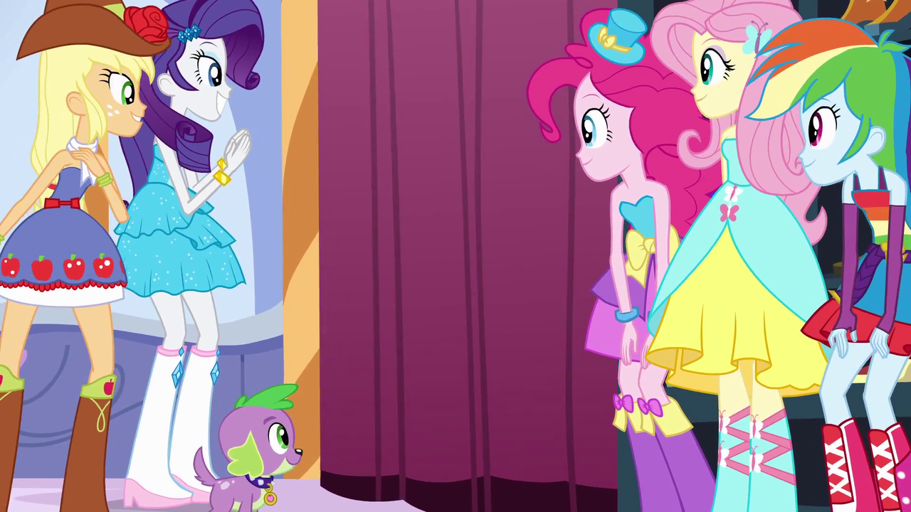1378335 - safe, screencap, applejack, fluttershy, pinkie pie, rainbow dash,  rarity, spike, dog, equestria girls, equestria girls (movie), boots,  bracelet, cowboy boots, fall formal outfits, hat, high heel boots, jewelry,  sparkles, spike