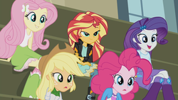 Size: 1280x720 | Tagged: safe, screencap, applejack, fluttershy, pinkie pie, rarity, sunset shimmer, equestria girls, g4, my little pony equestria girls: friendship games, bleachers, boots, chs rally song, clothes, cowboy hat, female, freckles, hat, high heel boots, jacket, jewelry, leather jacket, lidded eyes, skirt, socks, stetson, tank top