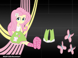 Size: 2000x1500 | Tagged: safe, artist:maze1000, fluttershy, butterfly, equestria girls, g4, boots, breasts, clothes, cute, female, high heel boots, looking at you, pink socks, skirt, socks, solo, tank top