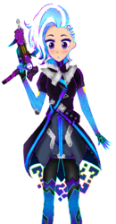 Size: 1730x3319 | Tagged: safe, artist:starwantrix, trixie, human, g4, anime, clothes, cosplay, costume, cute, female, gun, humanized, overwatch, question mark, simple background, solo, sombra (overwatch), transparent background, weapon