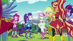 Size: 1280x720 | Tagged: safe, screencap, applejack, pinkie pie, rainbow dash, rarity, sci-twi, spike, spike the regular dog, sunset shimmer, twilight sparkle, dog, equestria girls, g4, my little pony equestria girls: legend of everfree, balloon, boots, clothes, crystal guardian, crystal wings, glasses, hat, high heel boots, jewelry, ponied up, ponytail, shoes, sneakers, sparkles, wings
