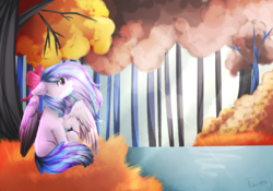Size: 936x656 | Tagged: safe, artist:twinkepaint, oc, oc only, pegasus, pony, bow, female, floppy ears, hair bow, lens flare, mare, river, sitting, solo, tree