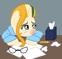 Size: 997x950 | Tagged: safe, artist:cloudy glow, oc, oc only, oc:cloudy glow, pony, unicorn, clothes, female, glasses, mare, napkin, paper, pencil, red nosed, robe, sick, solo, tissue, tissue box
