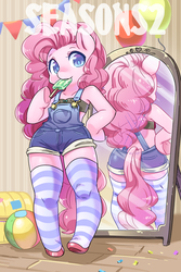 Size: 800x1196 | Tagged: safe, artist:shepherd0821, pinkie pie, earth pony, pony, semi-anthro, g4, ball, balloon, bandeau, bipedal, clothes, confetti, cute, diapinkes, female, food, looking at you, mirror, overalls, popsicle, reflection, smiling, socks, solo, striped socks